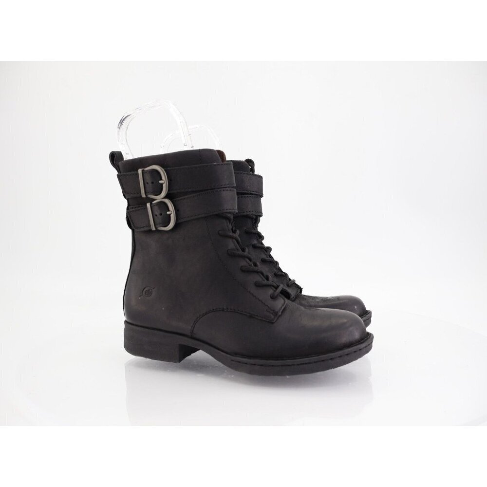 Born Camryn Black Leather Side Zip Lace Up Buckle Boot Women 5.5 Combat Bootie